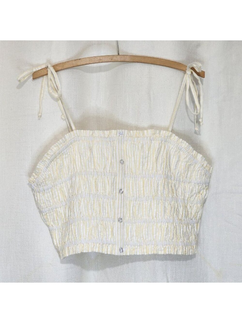 And Now This Women's Crop Top Smocked Seersucker Tie Strap Yellow White XL NWT